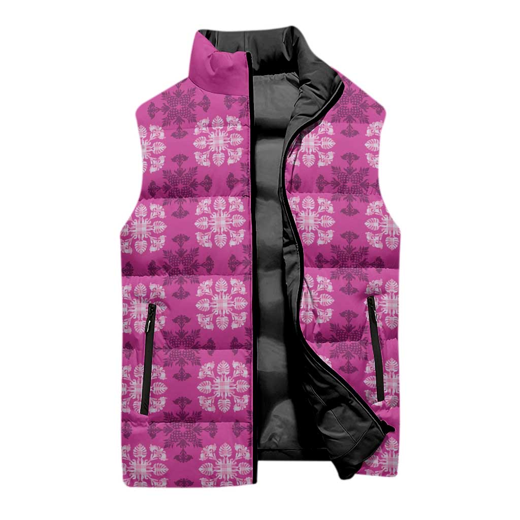 Pink Hawaiian Quilt Sleeveless Puffer Jacket Hawaii Pineapple Monstera Palaka Motifs LT14 - Polynesian Pride