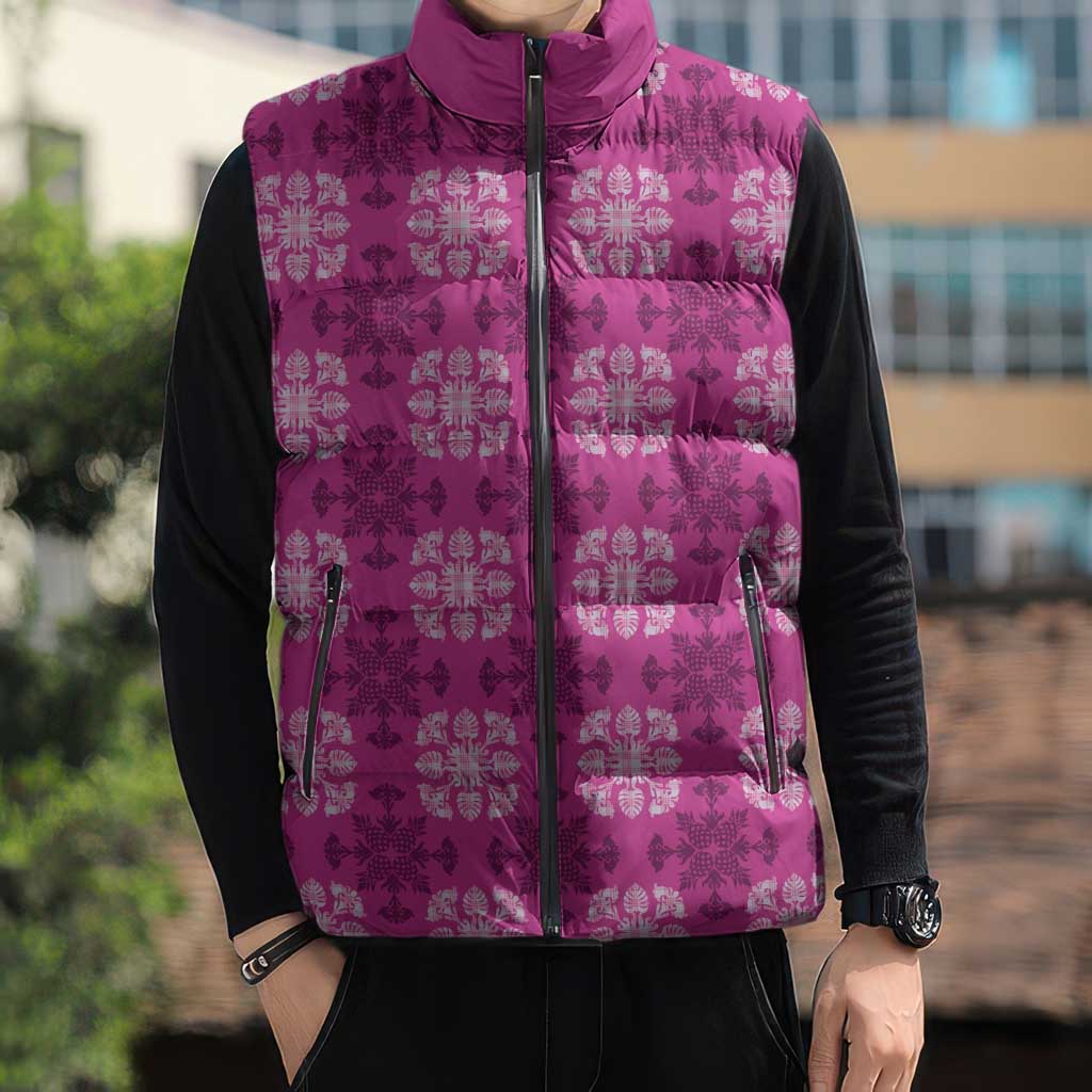 Pink Hawaiian Quilt Sleeveless Puffer Jacket Hawaii Pineapple Monstera Palaka Motifs LT14 - Polynesian Pride