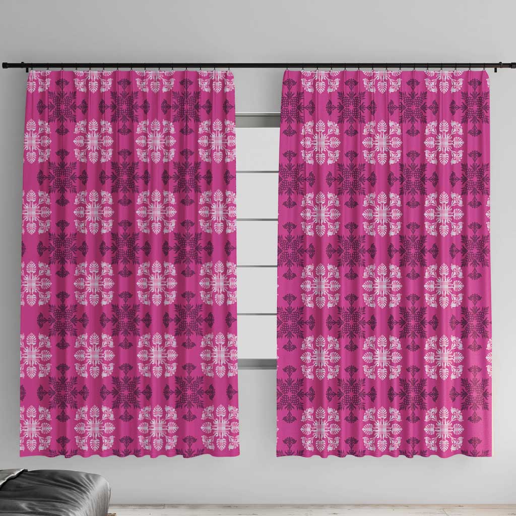 Pink Hawaiian Quilt Window Curtain Hawaii Pineapple Monstera Palaka Motifs LT14 With Hooks Pink - Polynesian Pride