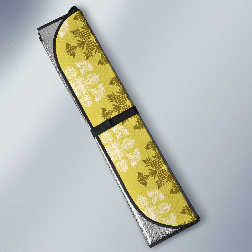 Yellow Hawaiian Quilt Auto Sun Shade Hawaii Pineapple Monstera Palaka Motifs LT14 - Polynesian Pride