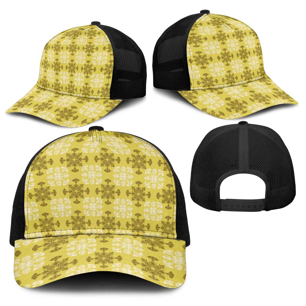 Yellow Hawaiian Quilt Baseball Net Cap Hawaii Pineapple Monstera Palaka Motifs LT14 - Polynesian Pride