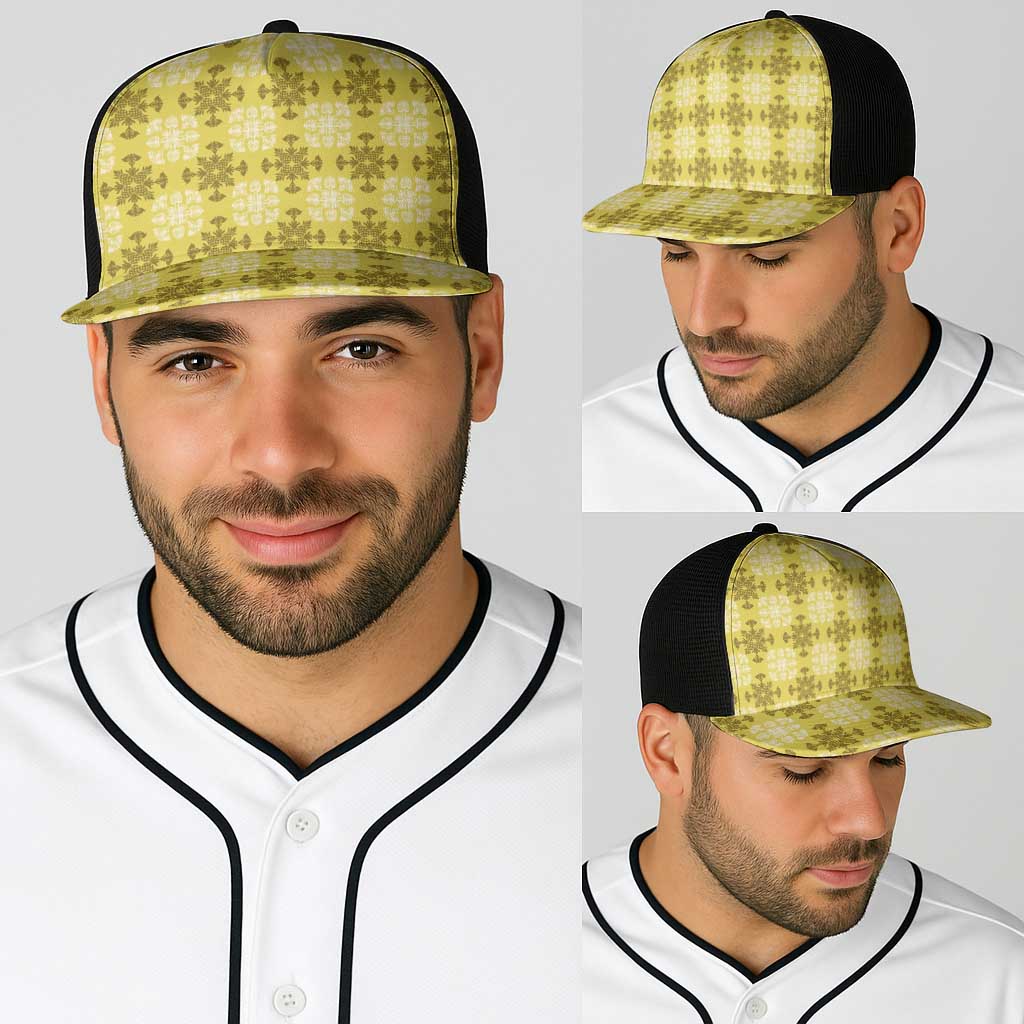 Yellow Hawaiian Quilt Baseball Net Cap Hawaii Pineapple Monstera Palaka Motifs LT14 - Polynesian Pride