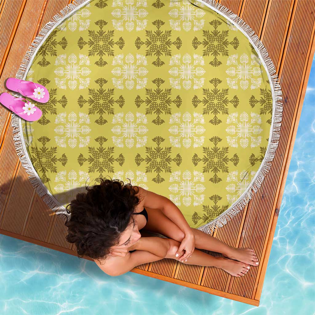 Yellow Hawaiian Quilt Beach Blanket Hawaii Pineapple Monstera Palaka Motifs LT14 - Polynesian Pride