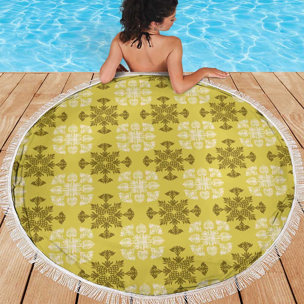 Yellow Hawaiian Quilt Beach Blanket Hawaii Pineapple Monstera Palaka Motifs LT14 - Polynesian Pride