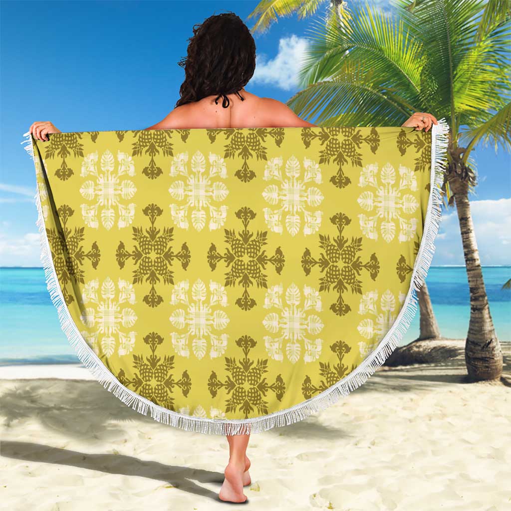 Yellow Hawaiian Quilt Beach Blanket Hawaii Pineapple Monstera Palaka Motifs LT14 - Polynesian Pride