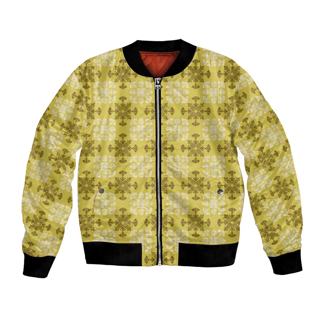 Yellow Hawaiian Quilt Bomber Jacket Hawaii Pineapple Monstera Palaka Motifs LT14 Unisex Yellow - Polynesian Pride