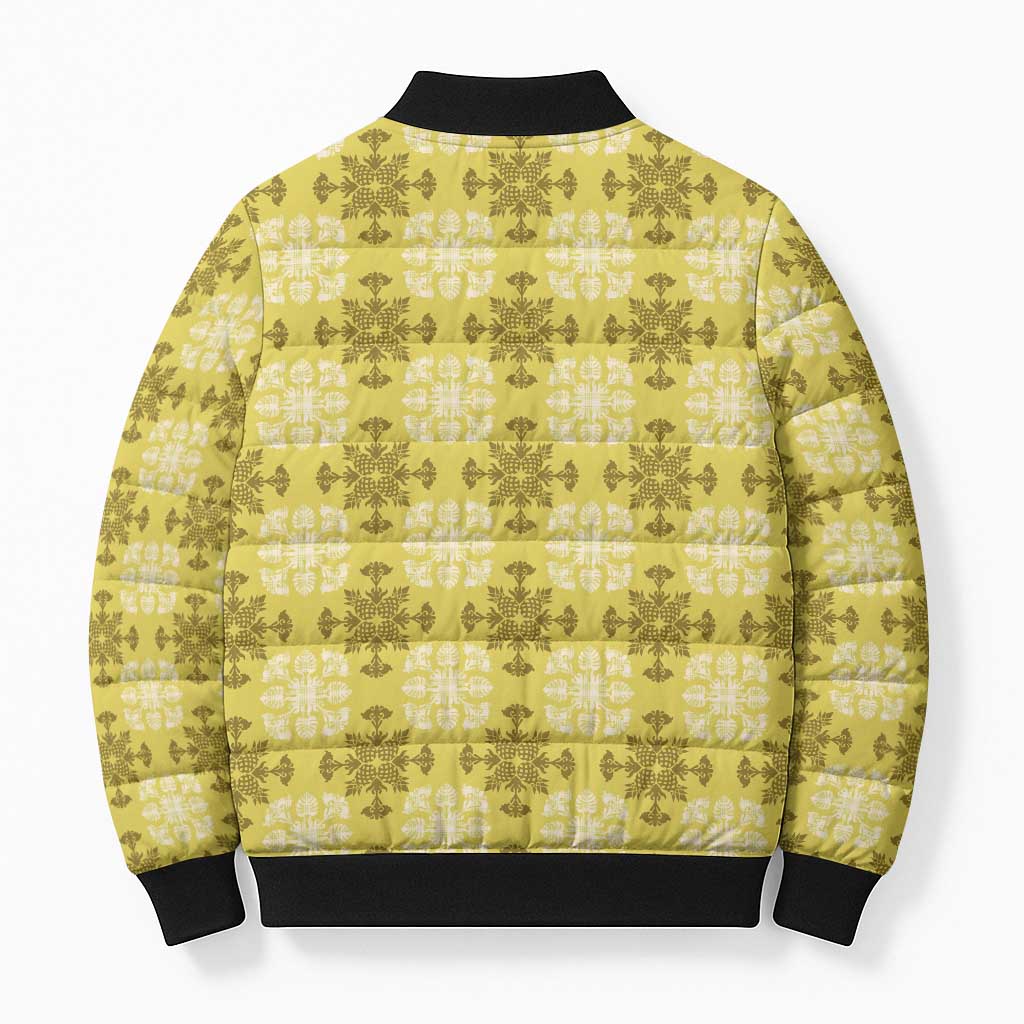 Yellow Hawaiian Quilt Bomber Puffer Jacket Hawaii Pineapple Monstera Palaka Motifs LT14 - Polynesian Pride