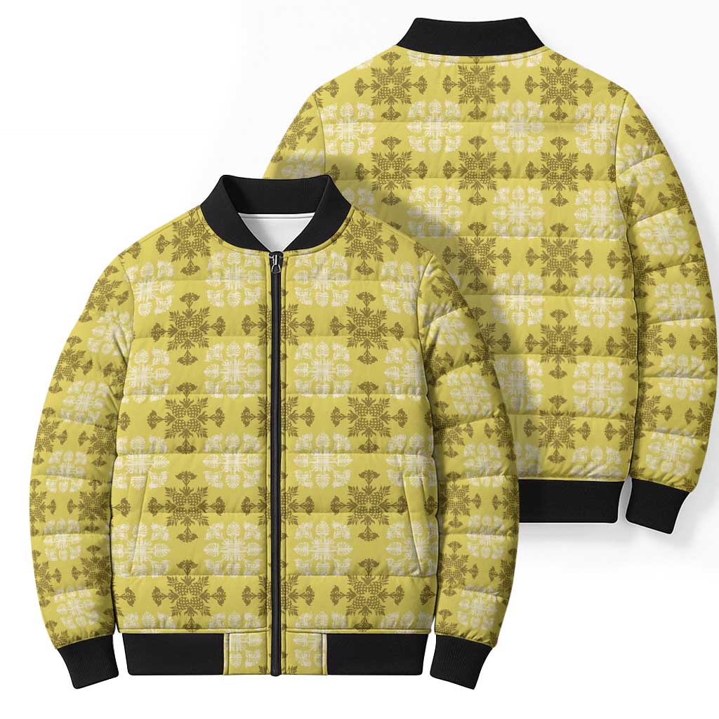 Yellow Hawaiian Quilt Bomber Puffer Jacket Hawaii Pineapple Monstera Palaka Motifs LT14 - Polynesian Pride