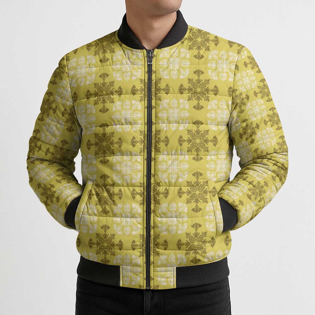 Yellow Hawaiian Quilt Bomber Puffer Jacket Hawaii Pineapple Monstera Palaka Motifs LT14 - Polynesian Pride