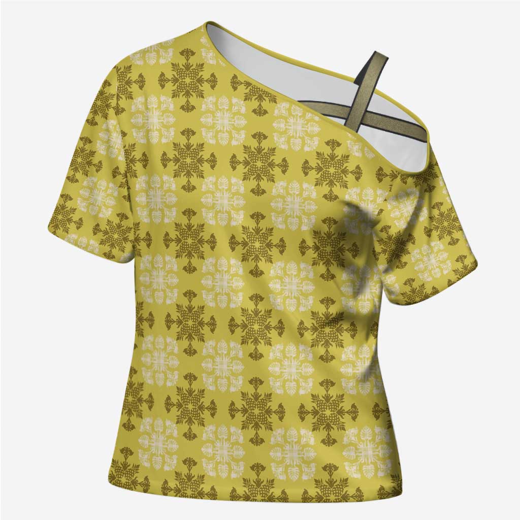 Yellow Hawaiian Quilt Cross Shoulder Shirt Hawaii Pineapple Monstera Palaka Motifs LT14 Female Yellow - Polynesian Pride