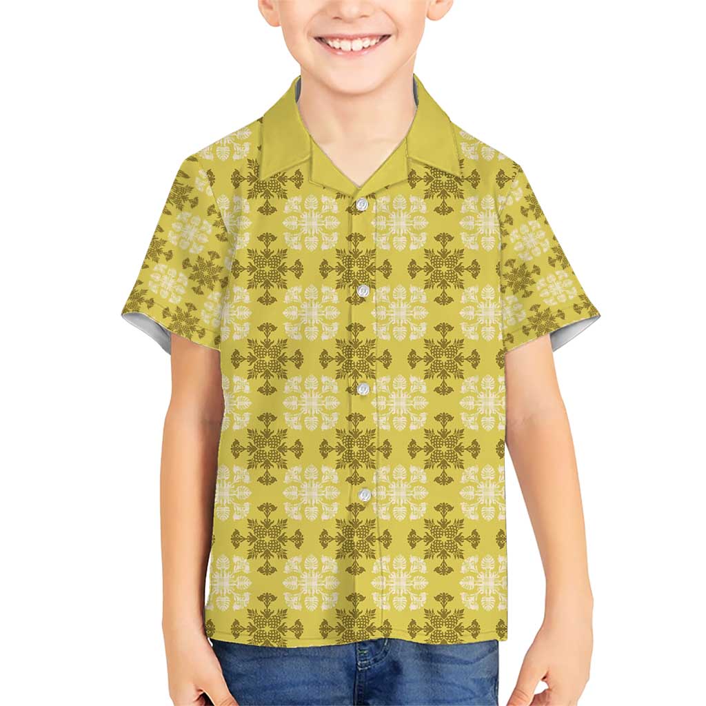 Yellow Hawaiian Quilt Kid Hawaiian Shirt Hawaii Pineapple Monstera Palaka Motifs LT14 Kid Yellow - Polynesian Pride