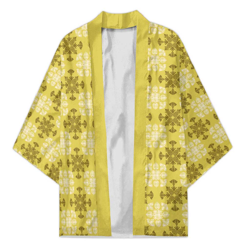 Yellow Hawaiian Quilt Kimono Hawaii Pineapple Monstera Palaka Motifs LT14 Unisex Yellow - Polynesian Pride