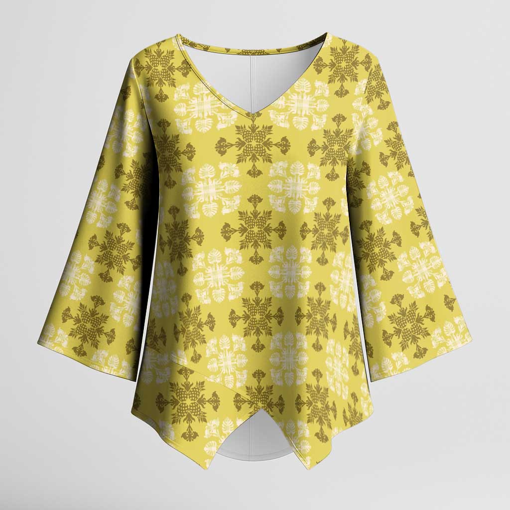 Yellow Hawaiian Quilt Kimono Sleeve Blouse Hawaii Pineapple Monstera Palaka Motifs LT14 Female Yellow - Polynesian Pride