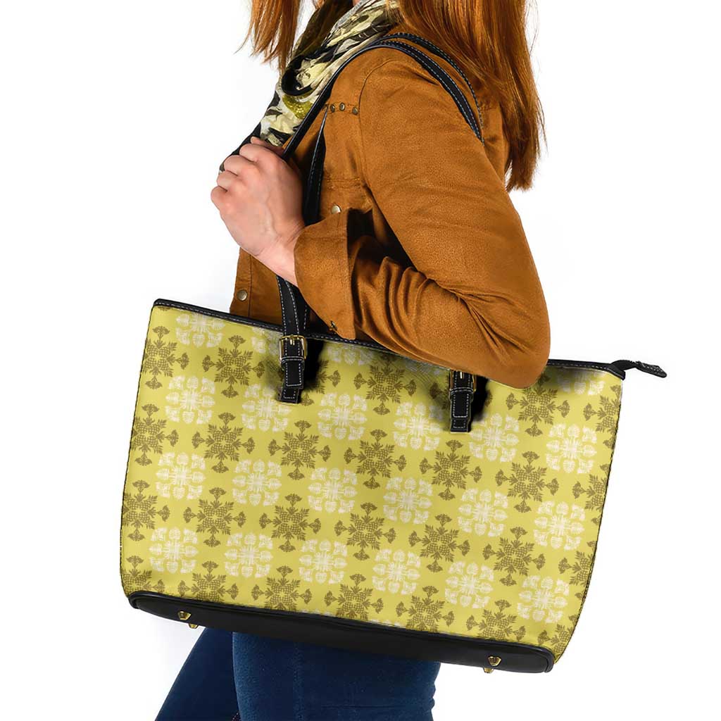 Yellow Hawaiian Quilt Leather Tote Bag Hawaii Pineapple Monstera Palaka Motifs LT14 Yellow - Polynesian Pride