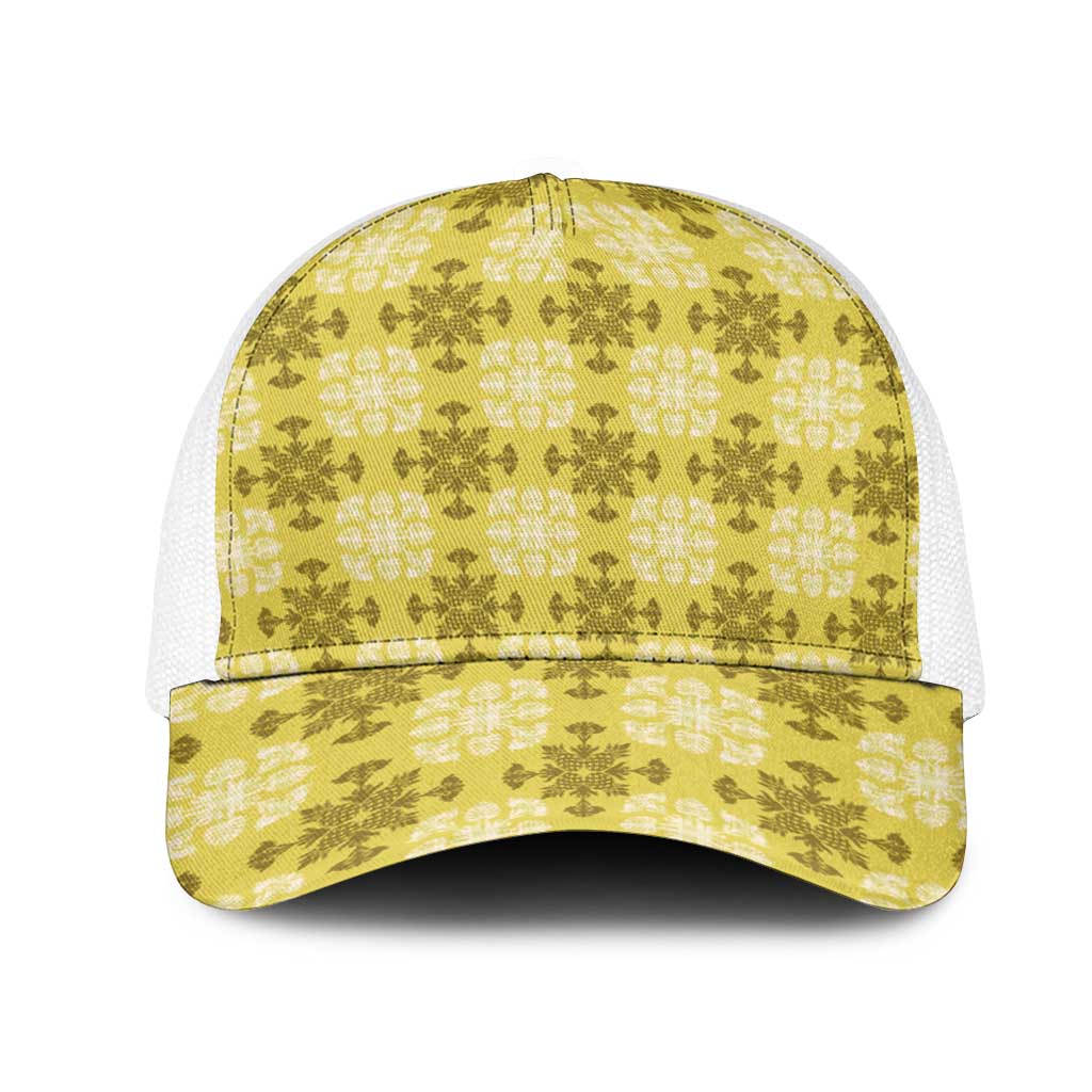 Yellow Hawaiian Quilt Mesh Trucker Cap Hawaii Pineapple Monstera Palaka Motifs LT14 One Size White Yellow - Polynesian Pride