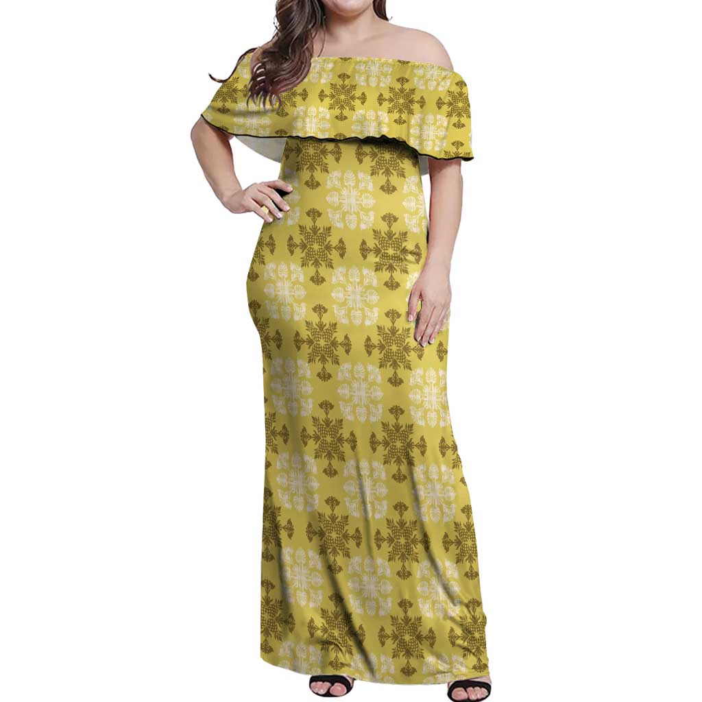 Yellow Hawaiian Quilt Off Shoulder Maxi Dress Hawaii Pineapple Monstera Palaka Motifs LT14 Women Yellow - Polynesian Pride
