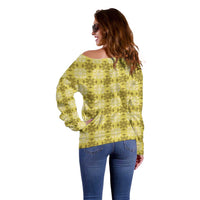 Yellow Hawaiian Quilt Off Shoulder Sweater Hawaii Pineapple Monstera Palaka Motifs LT14 - Polynesian Pride