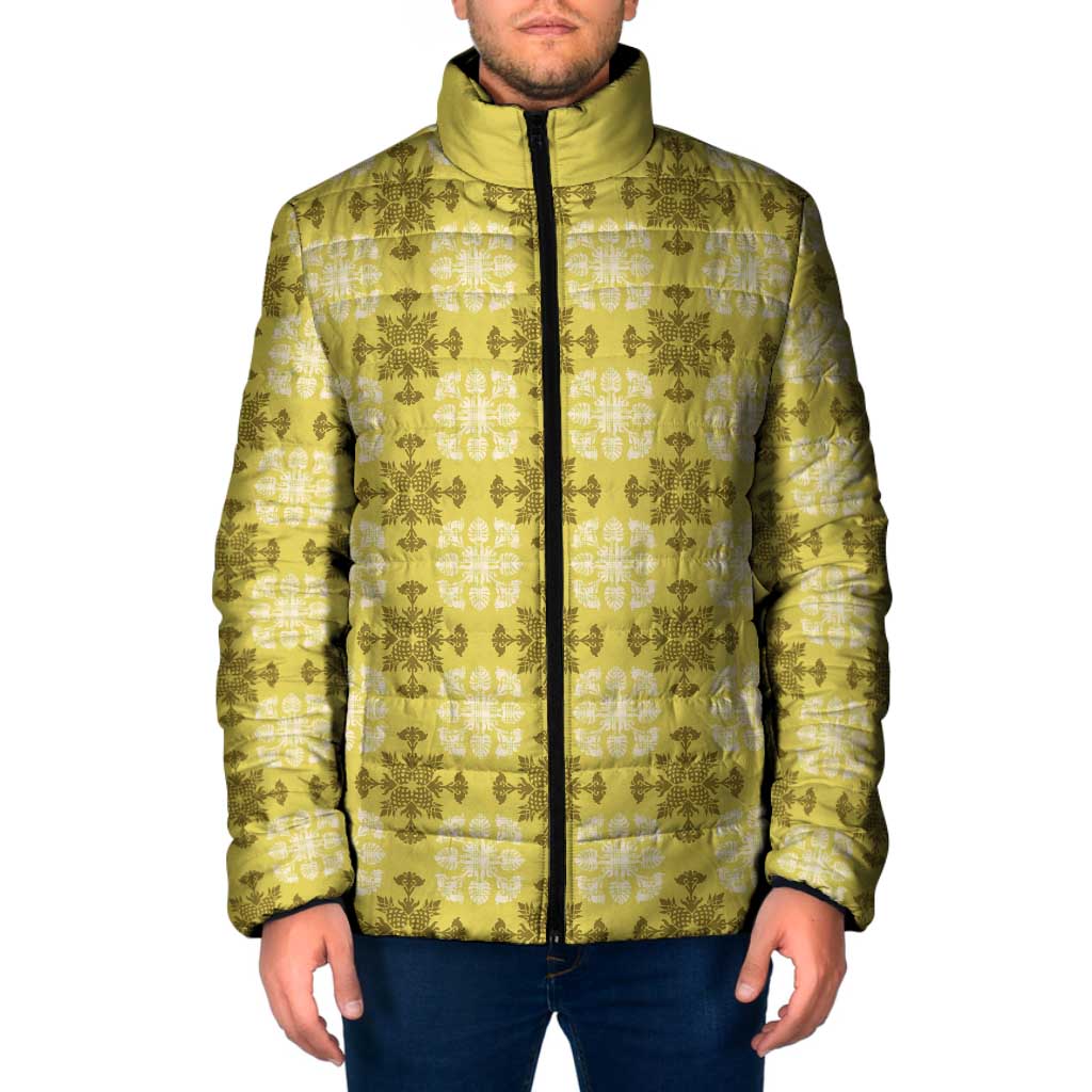 Yellow Hawaiian Quilt Padded Jacket Hawaii Pineapple Monstera Palaka Motifs LT14 Men Yellow - Polynesian Pride