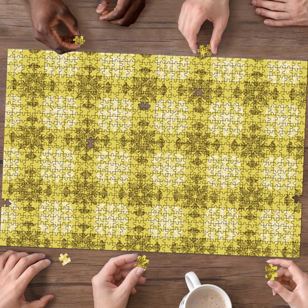 Yellow Hawaiian Quilt Puzzle Hawaii Pineapple Monstera Palaka Motifs LT14 - Polynesian Pride