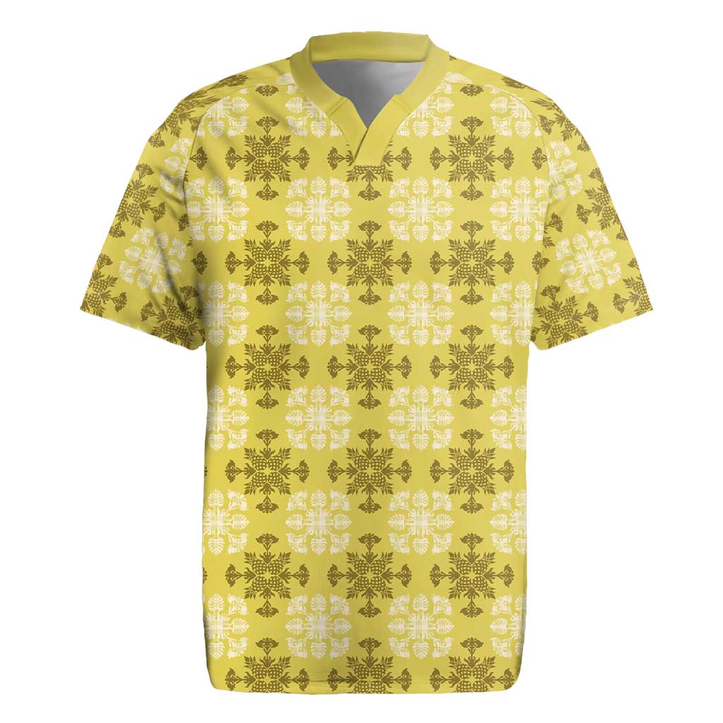 Yellow Hawaiian Quilt Rugby Jersey Hawaii Pineapple Monstera Palaka Motifs LT14 Yellow - Polynesian Pride