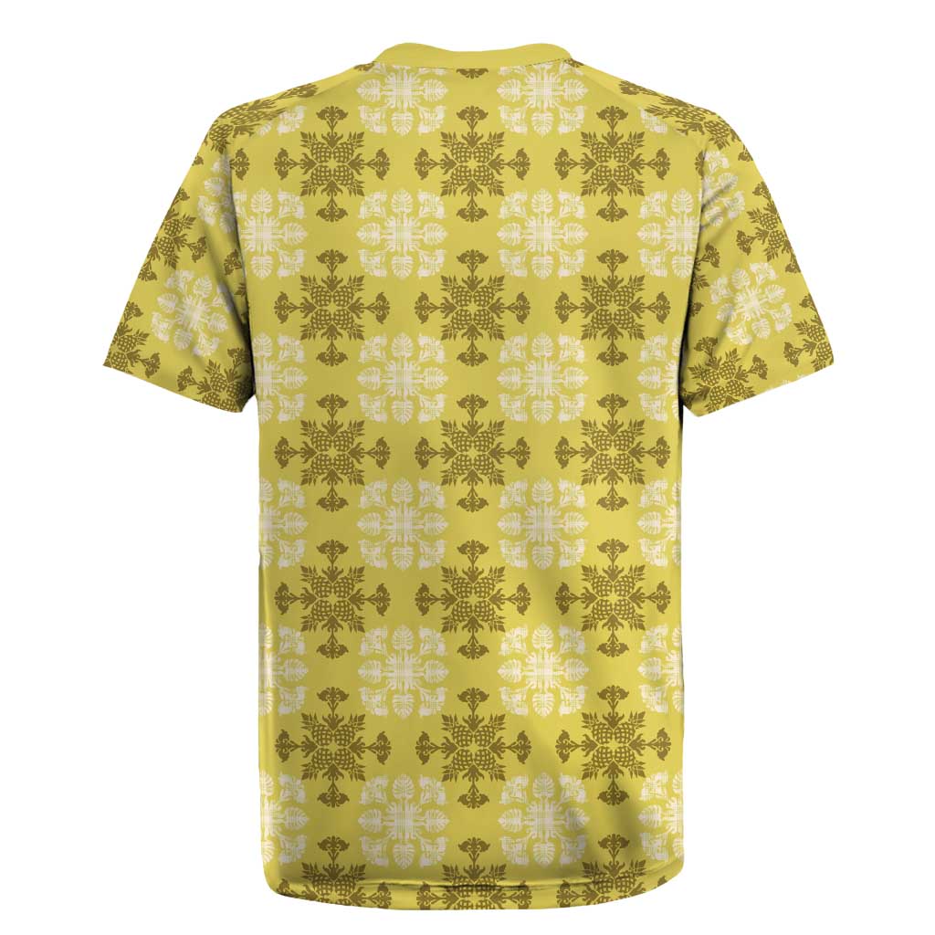 Yellow Hawaiian Quilt Rugby Jersey Hawaii Pineapple Monstera Palaka Motifs LT14 - Polynesian Pride