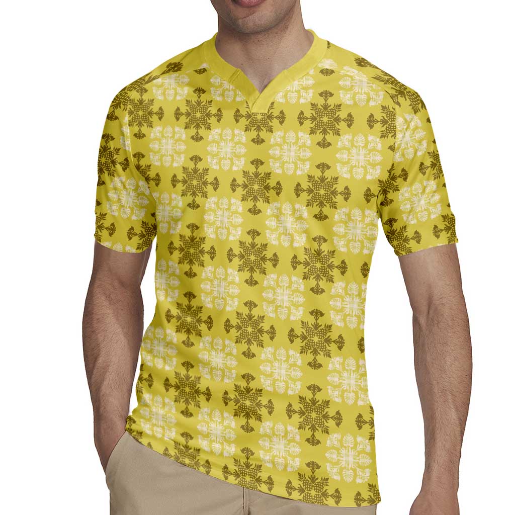 Yellow Hawaiian Quilt Rugby Jersey Hawaii Pineapple Monstera Palaka Motifs LT14 - Polynesian Pride