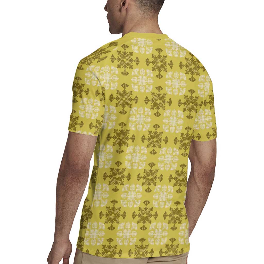 Yellow Hawaiian Quilt Rugby Jersey Hawaii Pineapple Monstera Palaka Motifs LT14 - Polynesian Pride