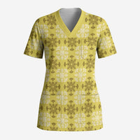 Yellow Hawaiian Quilt Scrub Top Hawaii Pineapple Monstera Palaka Motifs LT14 Adult Yellow - Polynesian Pride
