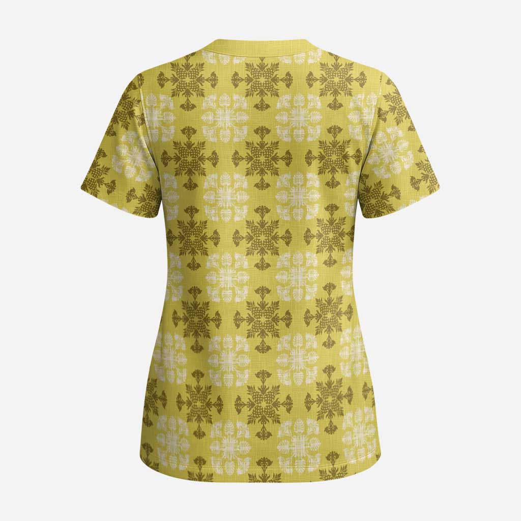 Yellow Hawaiian Quilt Scrub Top Hawaii Pineapple Monstera Palaka Motifs LT14 - Polynesian Pride
