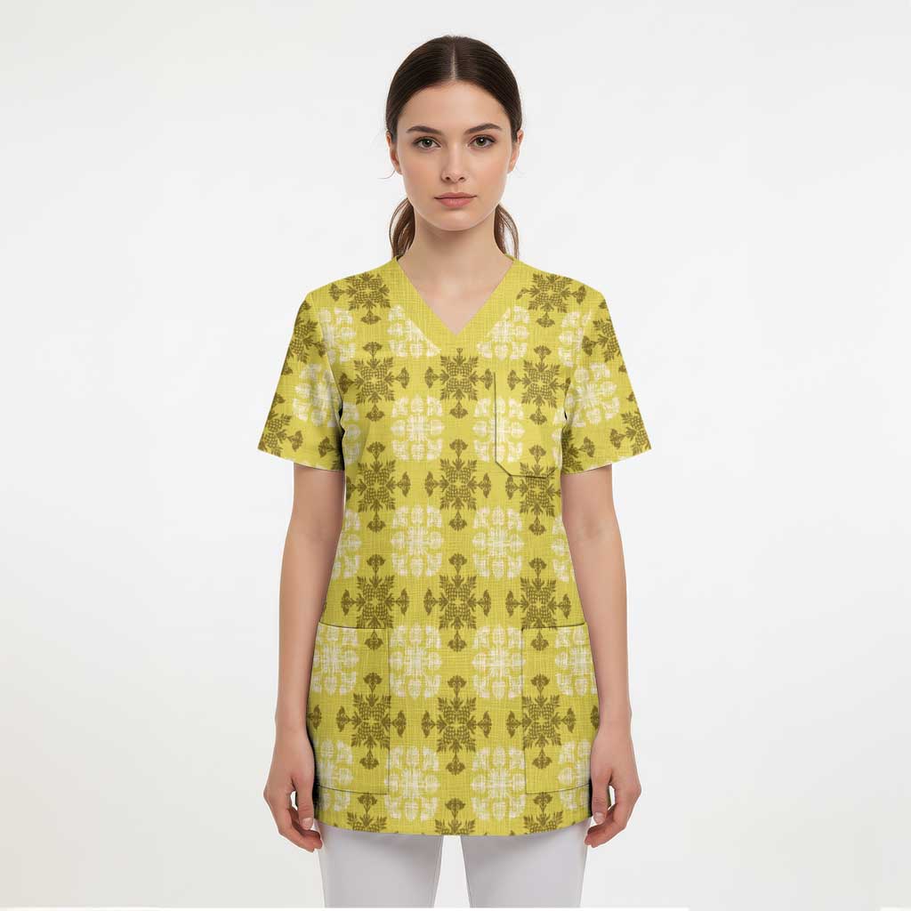 Yellow Hawaiian Quilt Scrub Top Hawaii Pineapple Monstera Palaka Motifs LT14 - Polynesian Pride