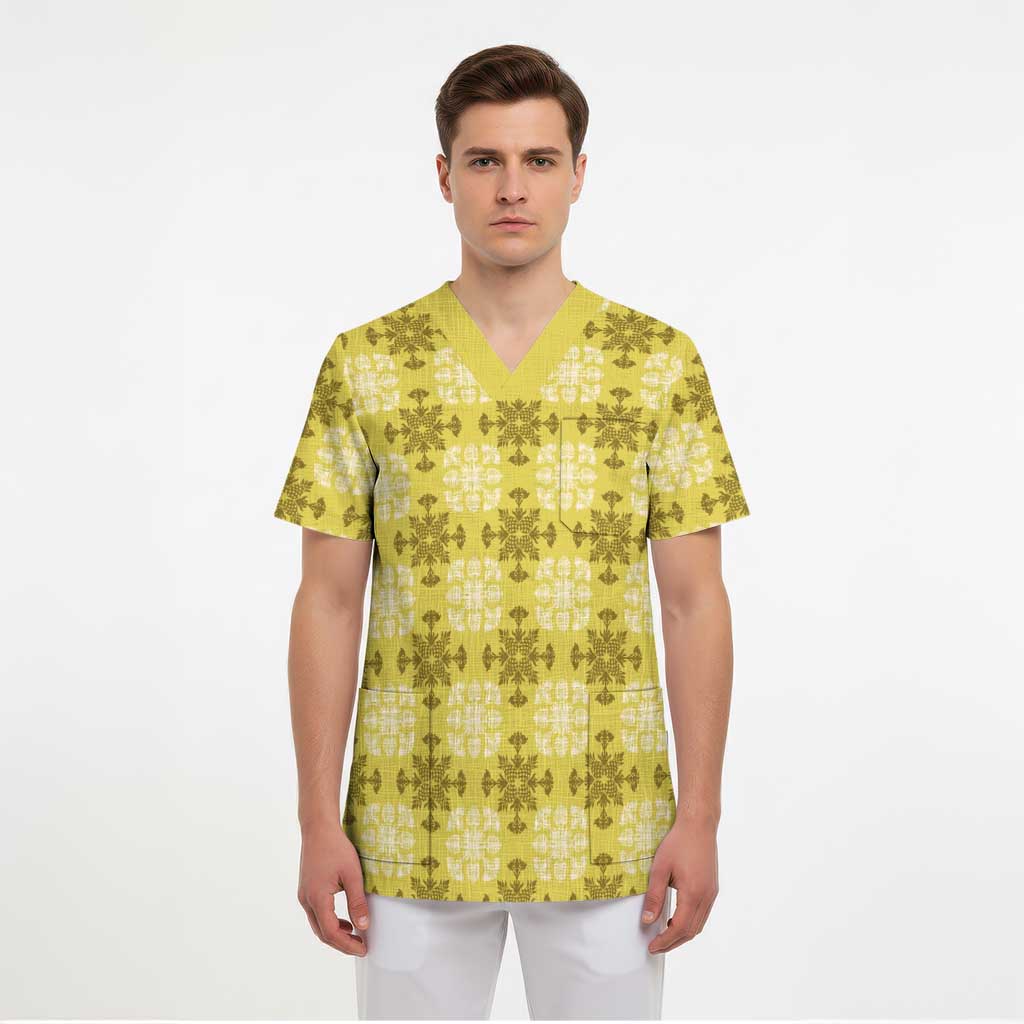 Yellow Hawaiian Quilt Scrub Top Hawaii Pineapple Monstera Palaka Motifs LT14 - Polynesian Pride