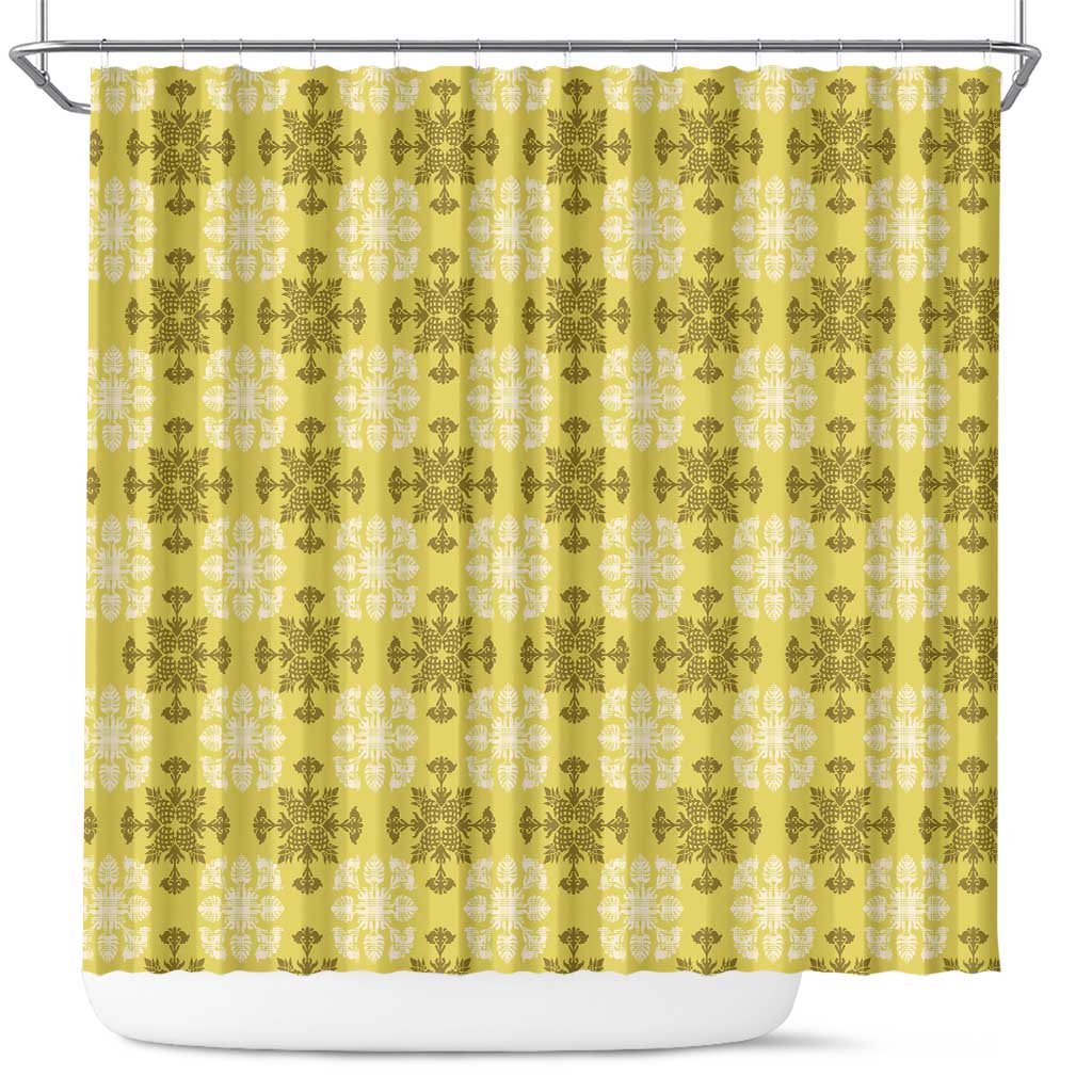 Yellow Hawaiian Quilt Shower Curtain Hawaii Pineapple Monstera Palaka Motifs LT14 Yellow - Polynesian Pride