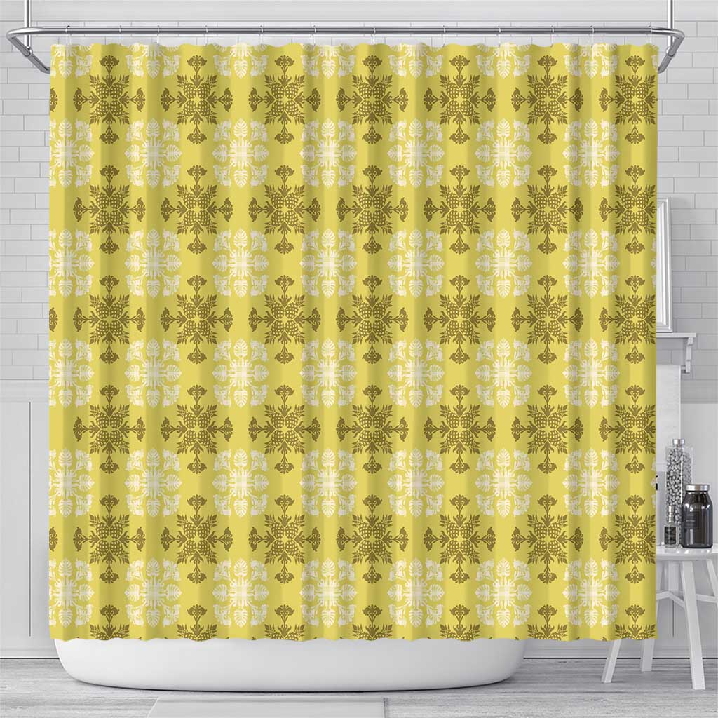 Yellow Hawaiian Quilt Shower Curtain Hawaii Pineapple Monstera Palaka Motifs LT14 - Polynesian Pride