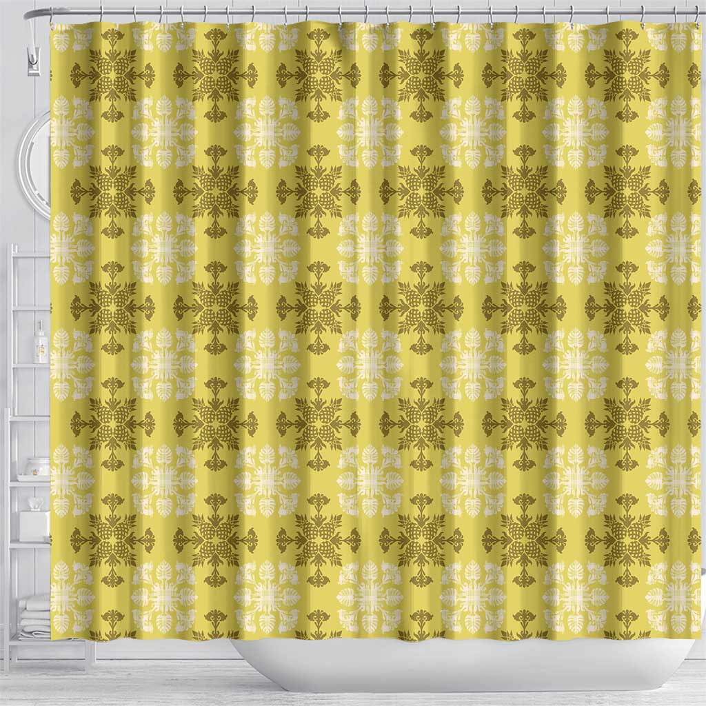 Yellow Hawaiian Quilt Shower Curtain Hawaii Pineapple Monstera Palaka Motifs LT14 - Polynesian Pride