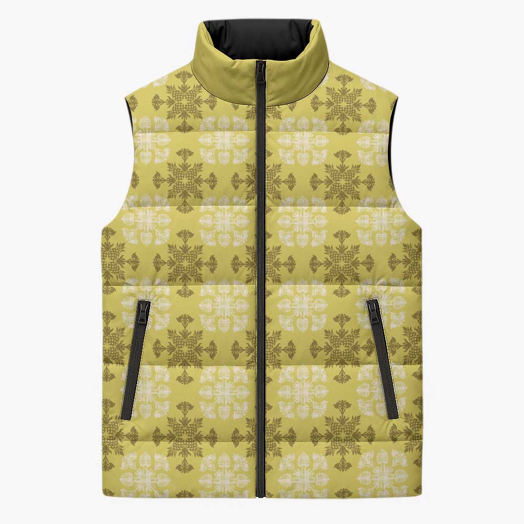 Yellow Hawaiian Quilt Sleeveless Puffer Jacket Hawaii Pineapple Monstera Palaka Motifs LT14 Unisex Yellow - Polynesian Pride