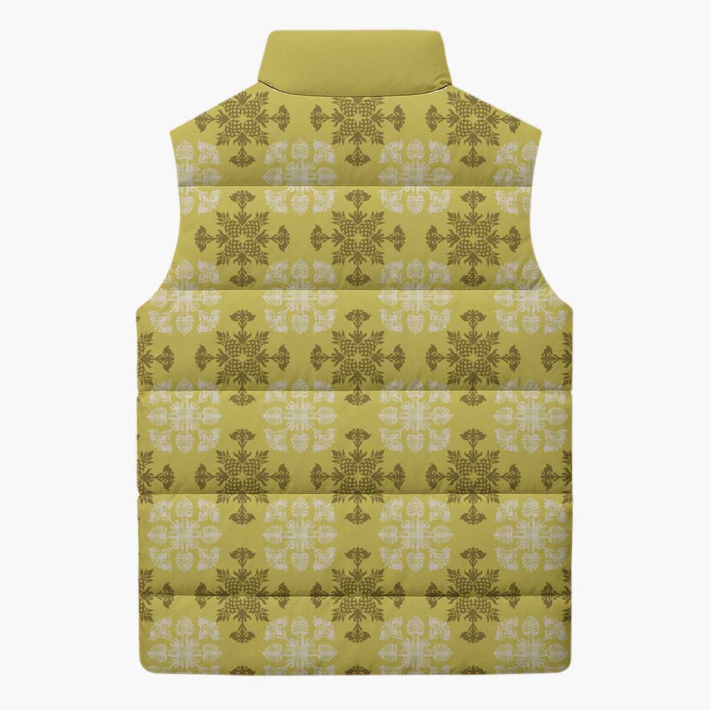 Yellow Hawaiian Quilt Sleeveless Puffer Jacket Hawaii Pineapple Monstera Palaka Motifs LT14 - Polynesian Pride