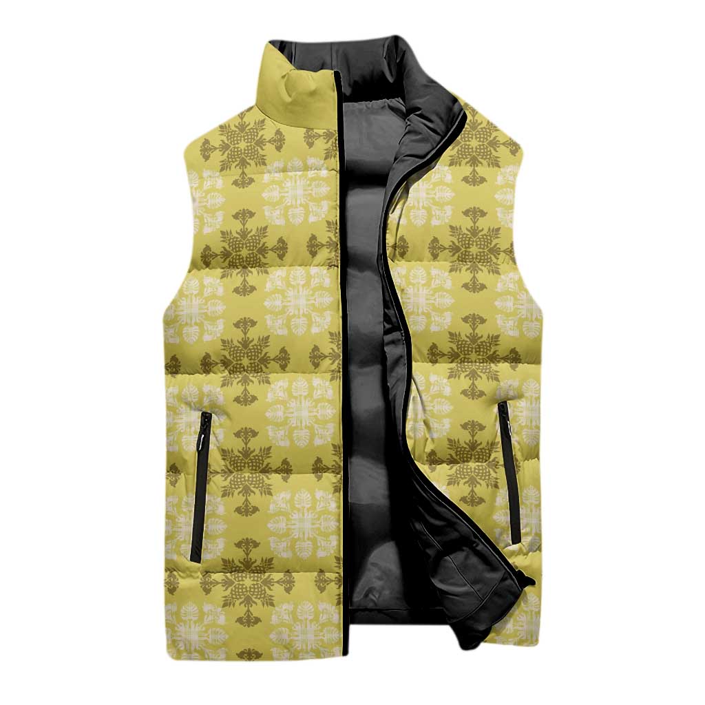 Yellow Hawaiian Quilt Sleeveless Puffer Jacket Hawaii Pineapple Monstera Palaka Motifs LT14 - Polynesian Pride