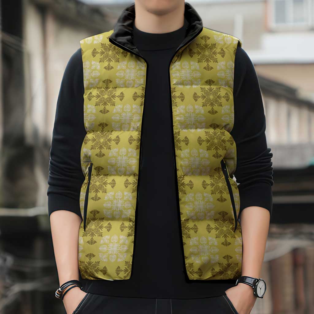 Yellow Hawaiian Quilt Sleeveless Puffer Jacket Hawaii Pineapple Monstera Palaka Motifs LT14 - Polynesian Pride