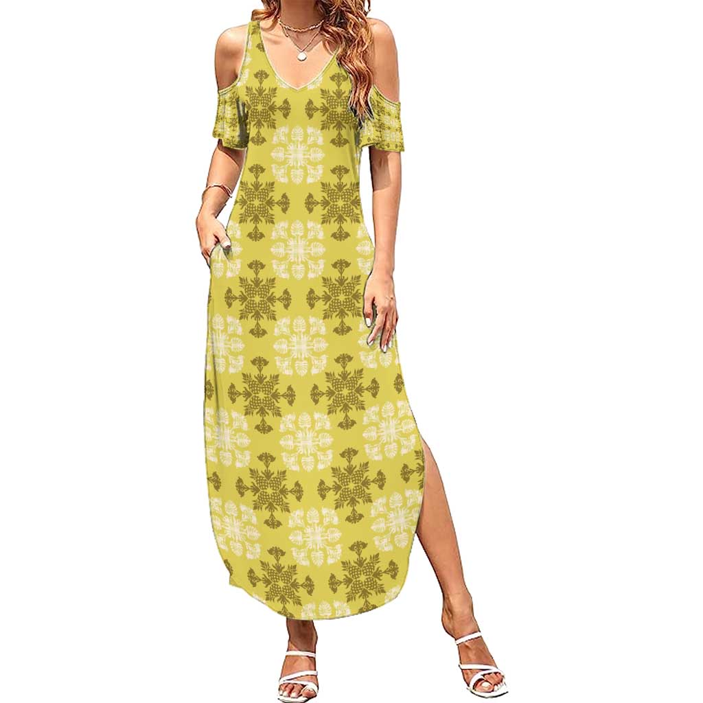 Yellow Hawaiian Quilt Summer Maxi Dress Hawaii Pineapple Monstera Palaka Motifs LT14 Women Yellow - Polynesian Pride
