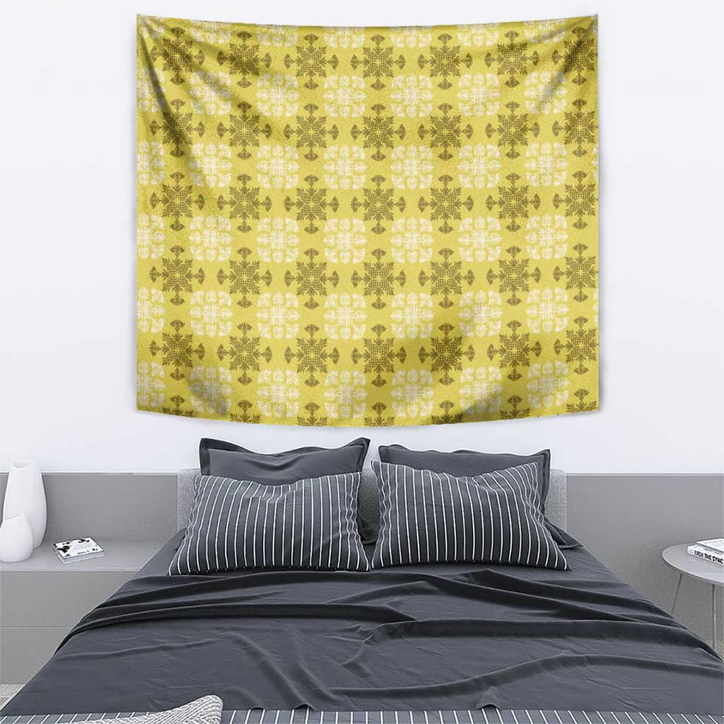 Yellow Hawaiian Quilt Tapestry Hawaii Pineapple Monstera Palaka Motifs LT14 - Polynesian Pride