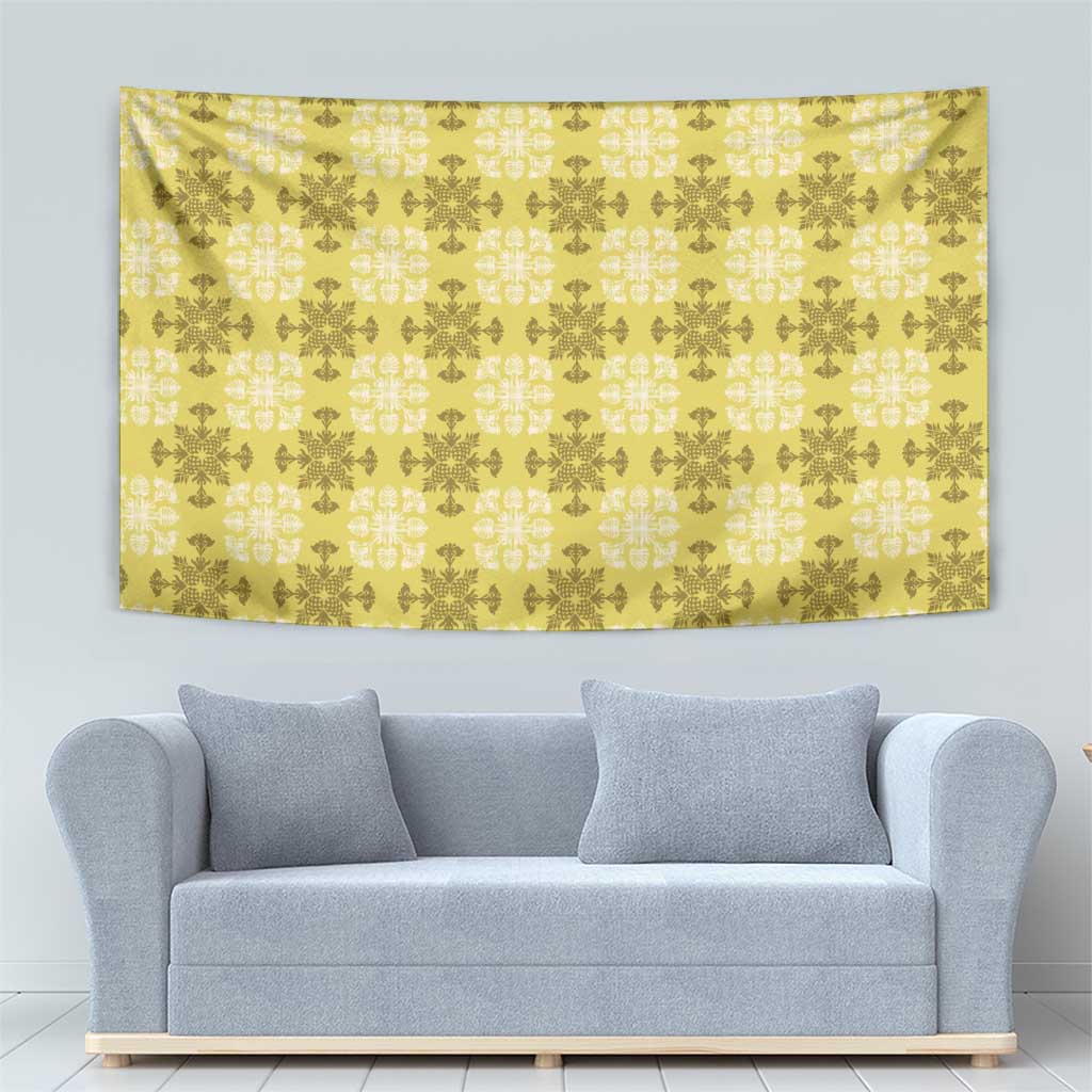 Yellow Hawaiian Quilt Tapestry Hawaii Pineapple Monstera Palaka Motifs LT14 - Polynesian Pride