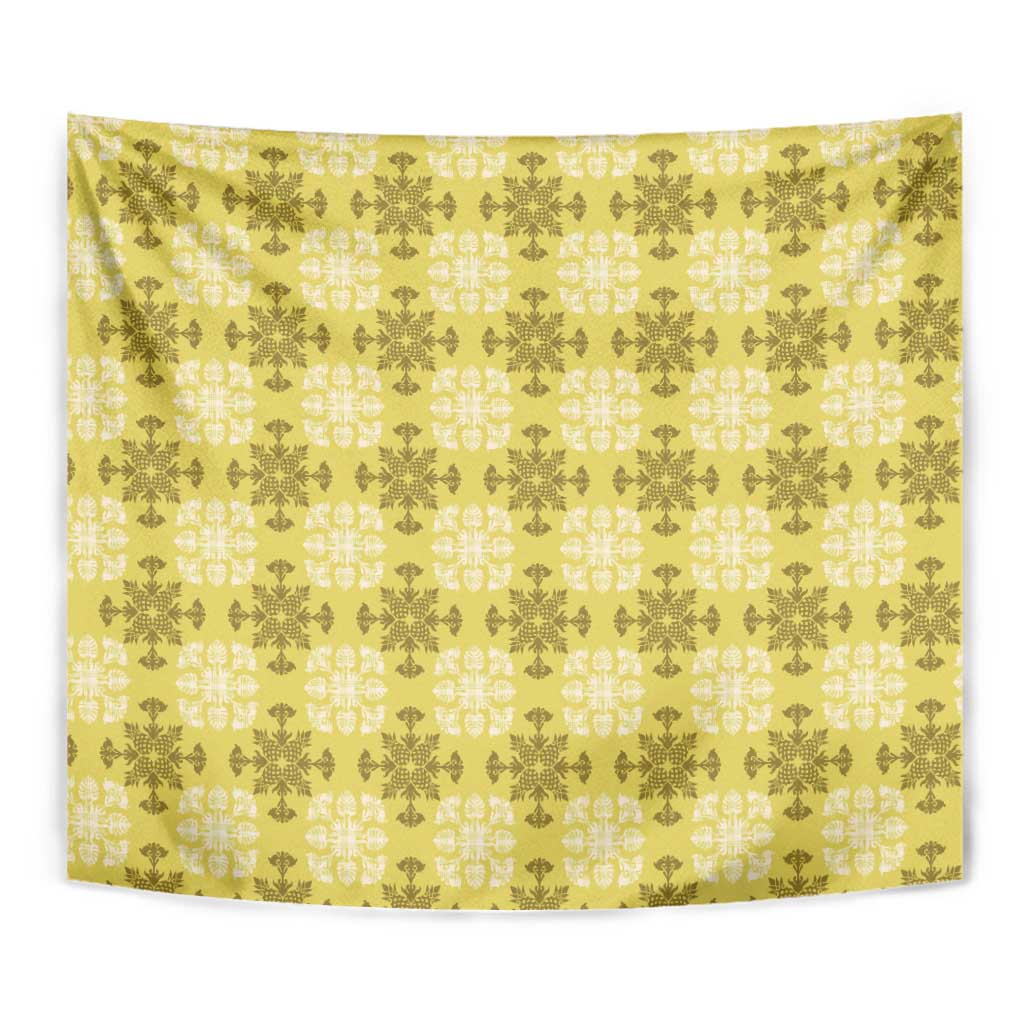 Yellow Hawaiian Quilt Tapestry Hawaii Pineapple Monstera Palaka Motifs LT14 - Polynesian Pride