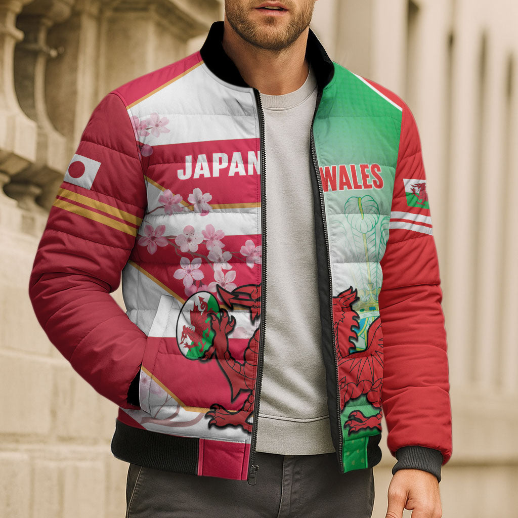 Japan and Wales Rugby Custom Bomber Puffer Jacket Brave Blossoms Welsh Dragon Together