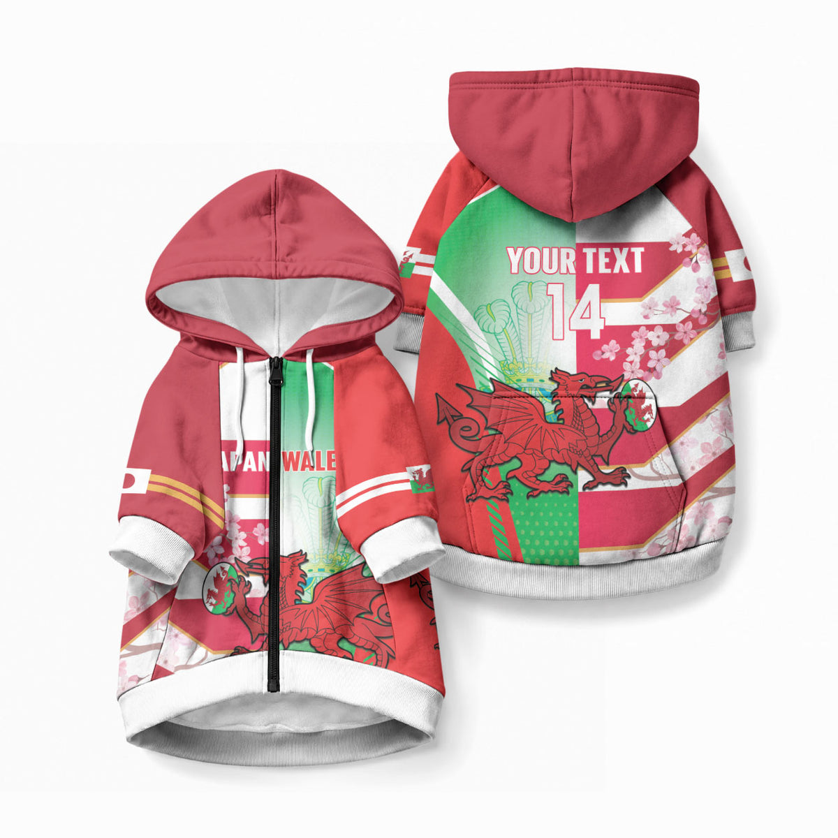 Japan and Wales Rugby Custom Pet Hoodie Brave Blossoms Welsh Dragon Together LT14 Zip-up Red - Polynesian Pride