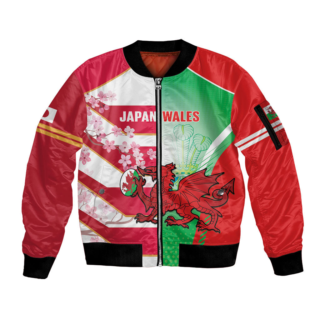 Japan and Wales Rugby Custom Sleeve Zip Bomber Jacket Brave Blossoms Welsh Dragon Together LT14 Unisex Red - Polynesian Pride