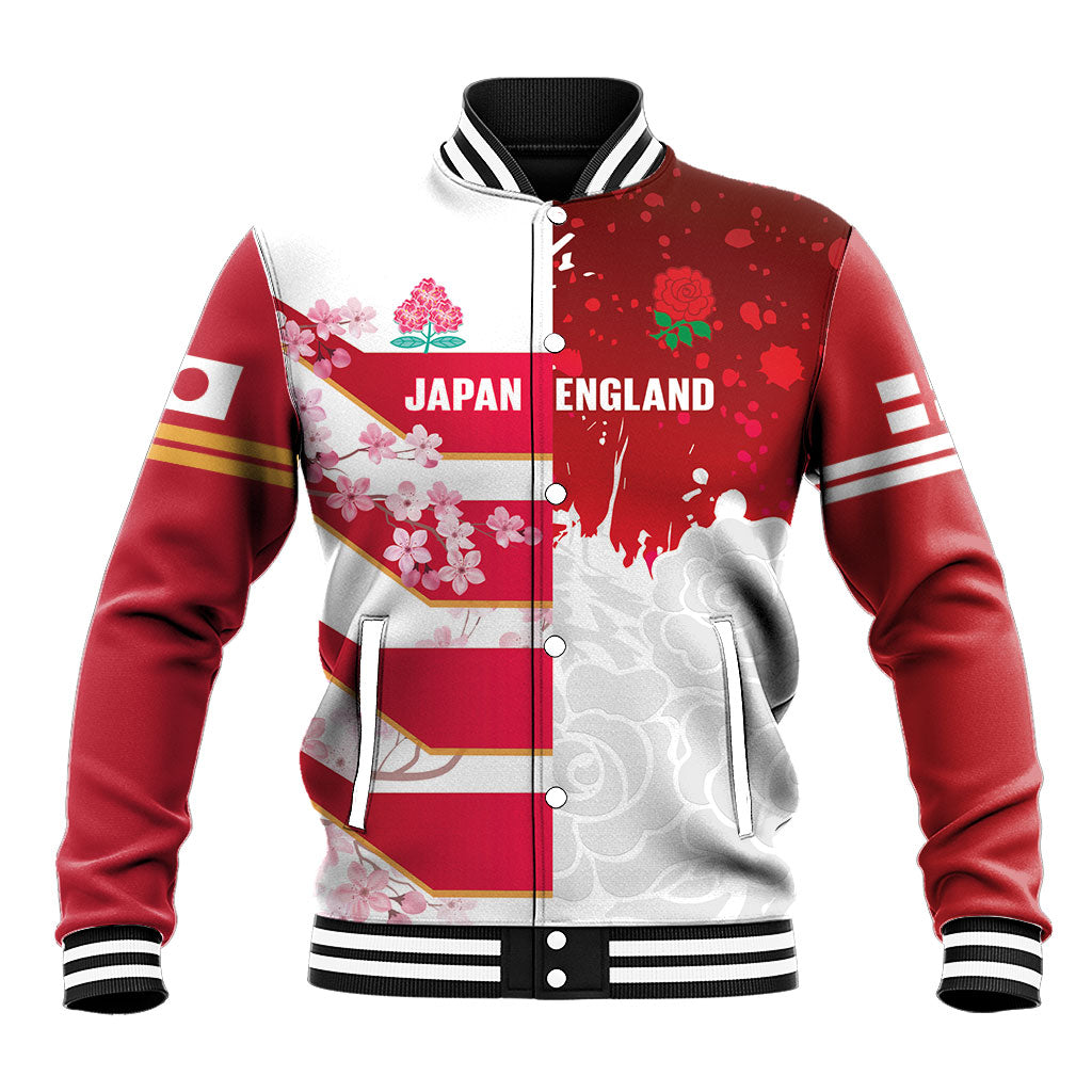 Japan and England Rugby Custom Baseball Jacket Brave Blossoms Red Roses Together