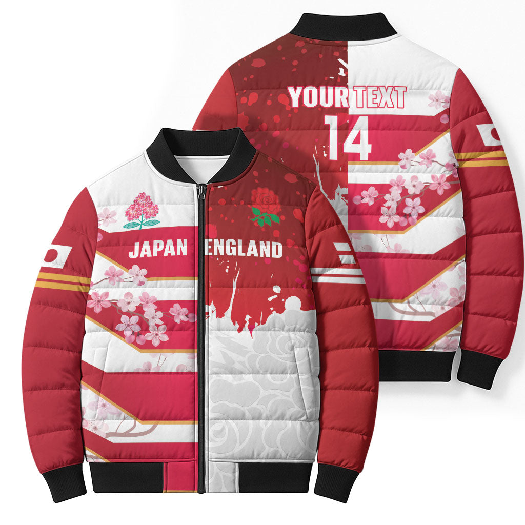 Japan and England Rugby Custom Bomber Puffer Jacket Brave Blossoms Red Roses Together LT14 - Polynesian Pride