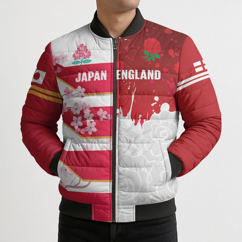 Japan and England Rugby Custom Bomber Puffer Jacket Brave Blossoms Red Roses Together LT14 - Polynesian Pride