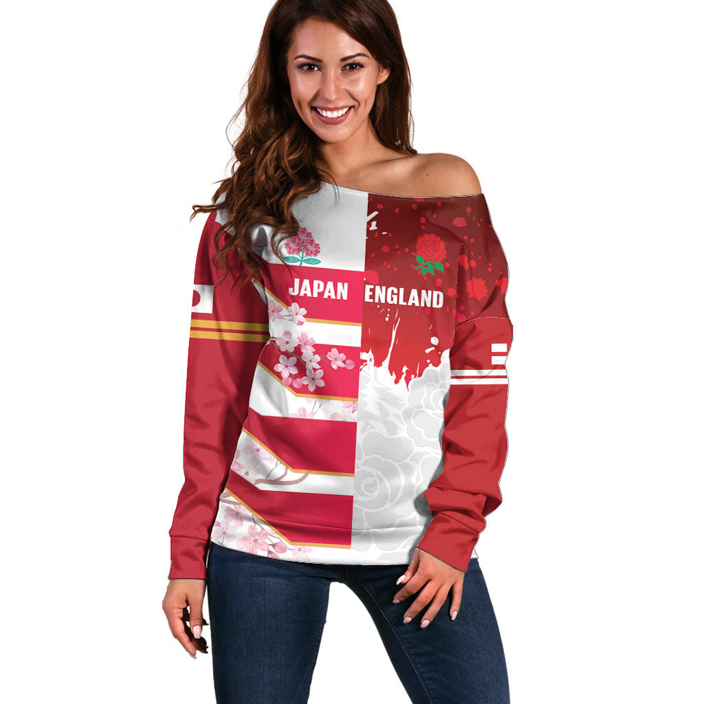 Japan and England Rugby Custom Off Shoulder Sweater Brave Blossoms Red Roses Together LT14 Women Red - Polynesian Pride
