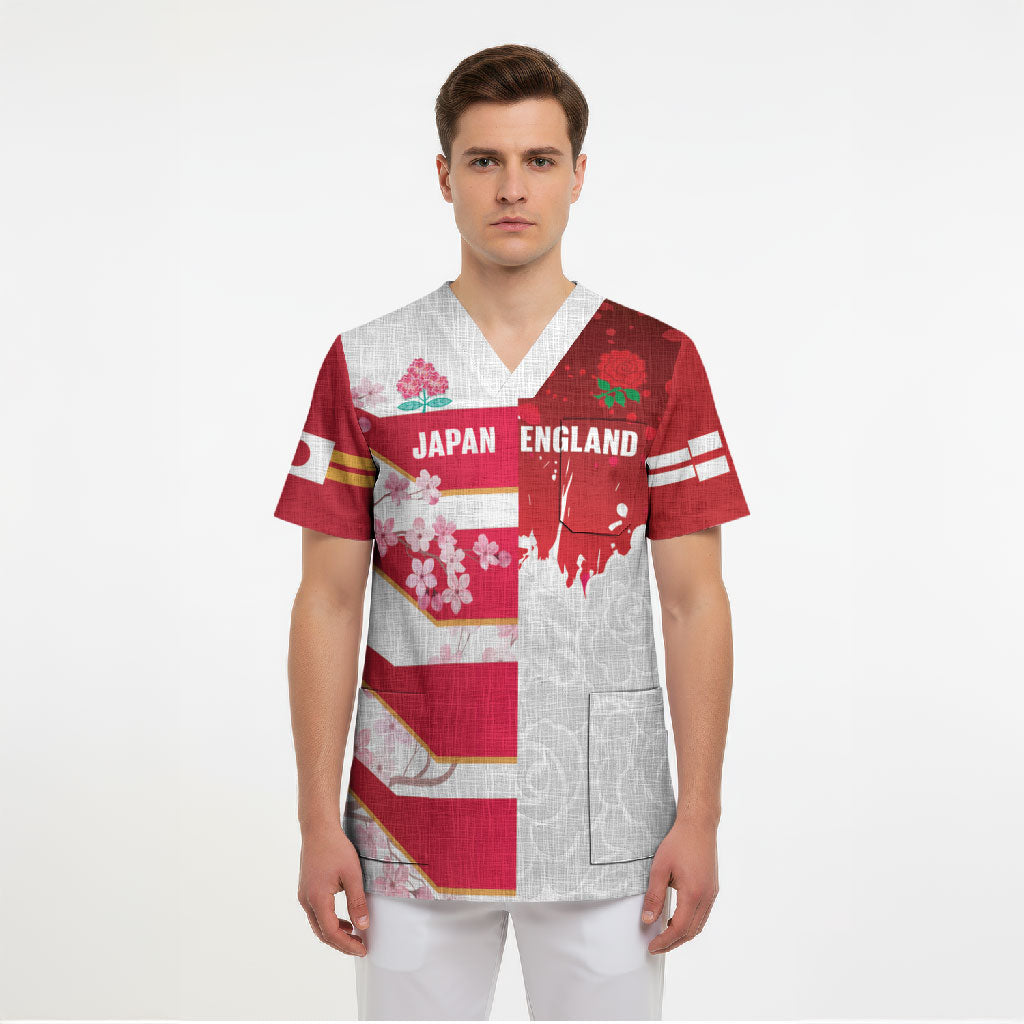 Japan and England Rugby Custom Scrub Top Brave Blossoms Red Roses Together